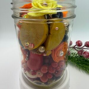 Colorful Jewelry Jar with Beads, Wooden Fruit, Pearls, & Fabric Flowers